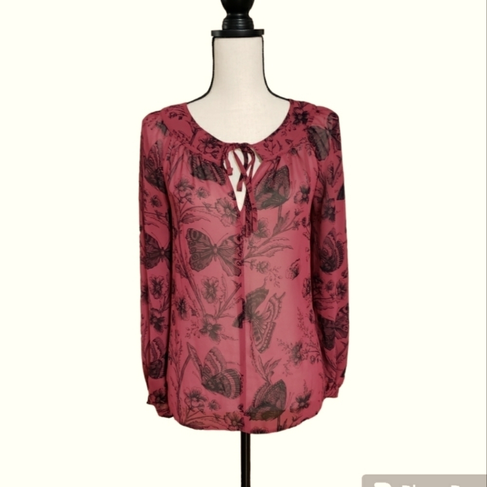 Ann Taylor Loft Womens Blouse Red BLACK BUTTERFLIES Size SP Long Sleeve Sheer